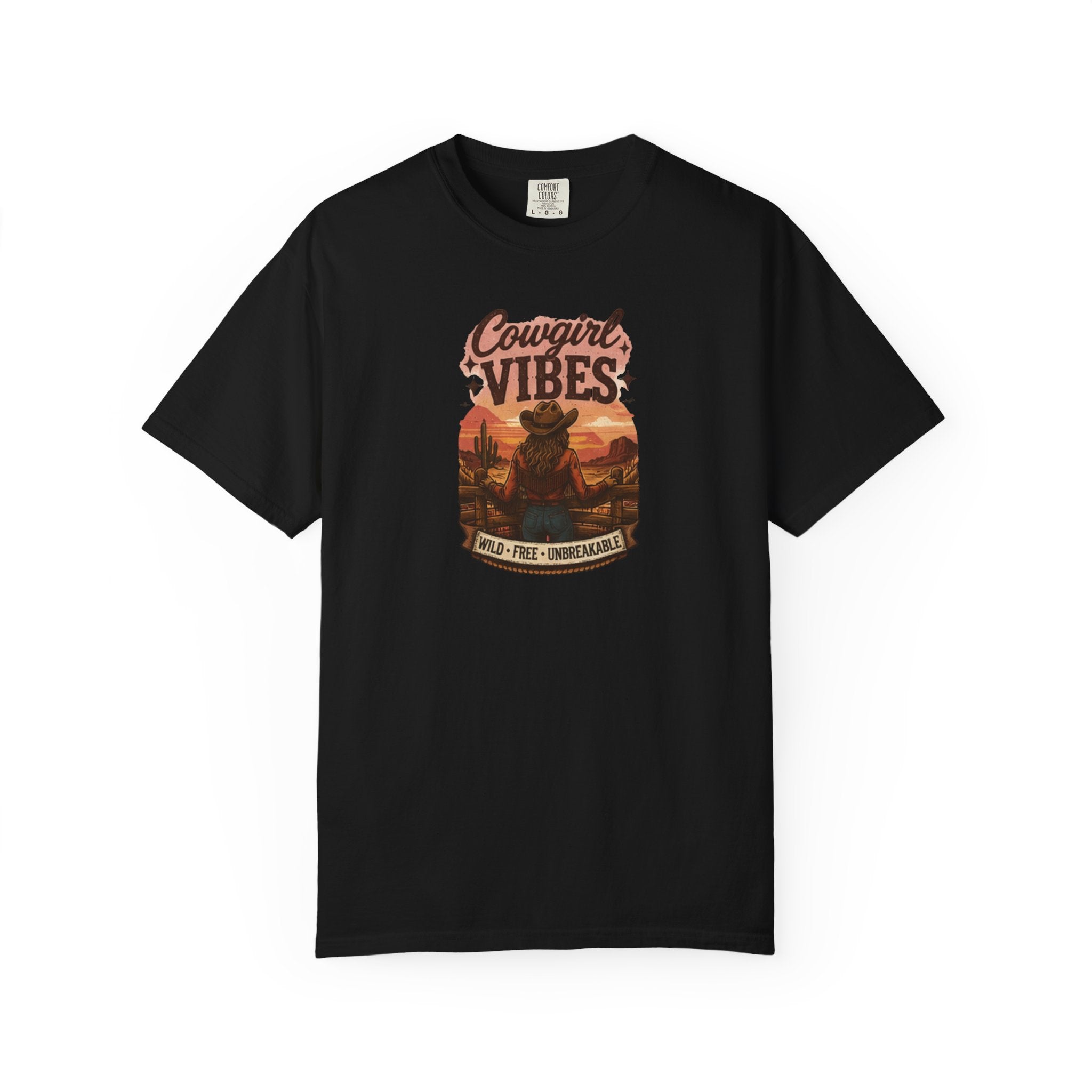 Cowgirl Vibes sunset silhouette T-shirt | Western ranch cowboy graphic