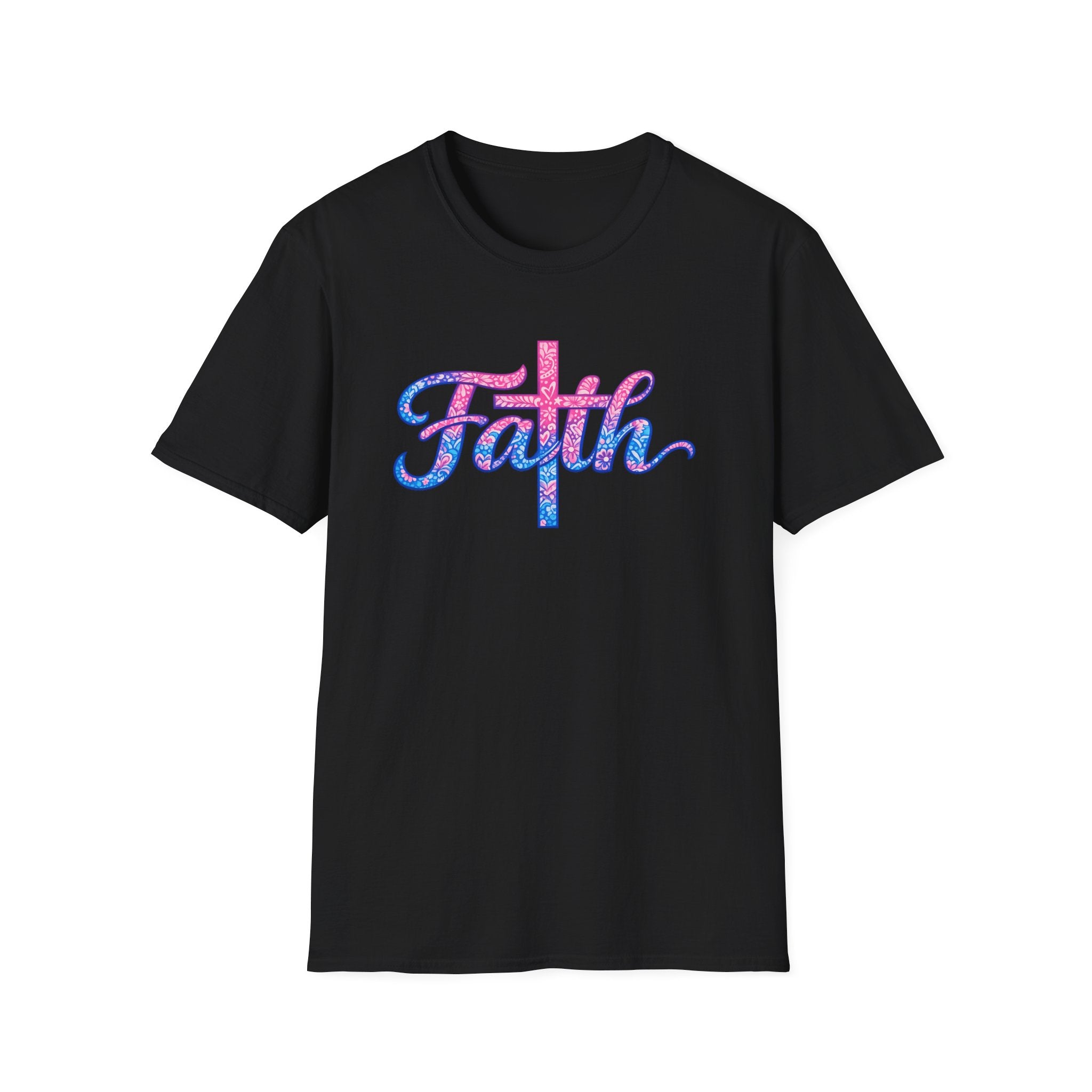Faith script with cross T-Shirt | watercolor pink blue religious typography