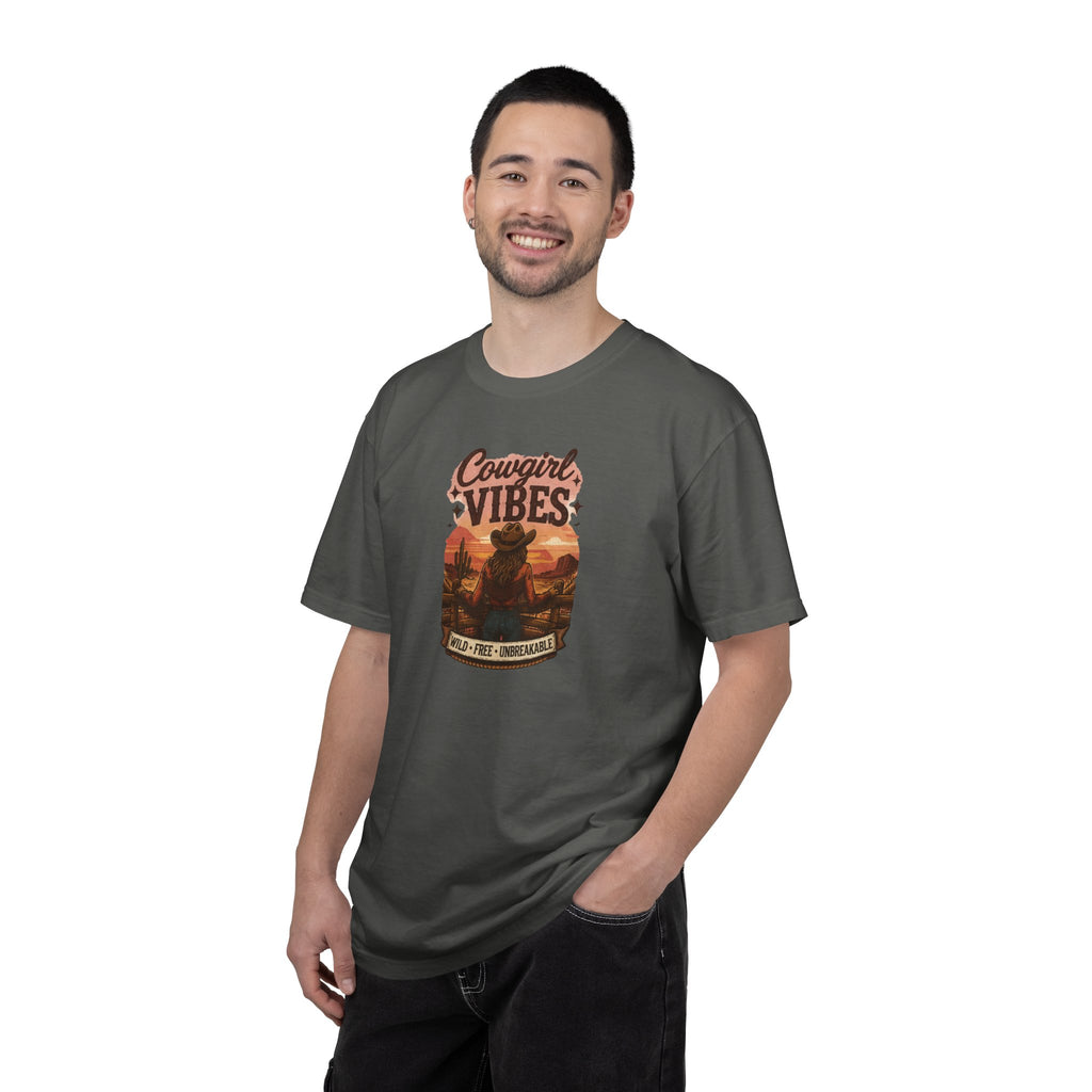 Cowgirl Vibes sunset silhouette T-shirt | Western ranch cowboy graphic