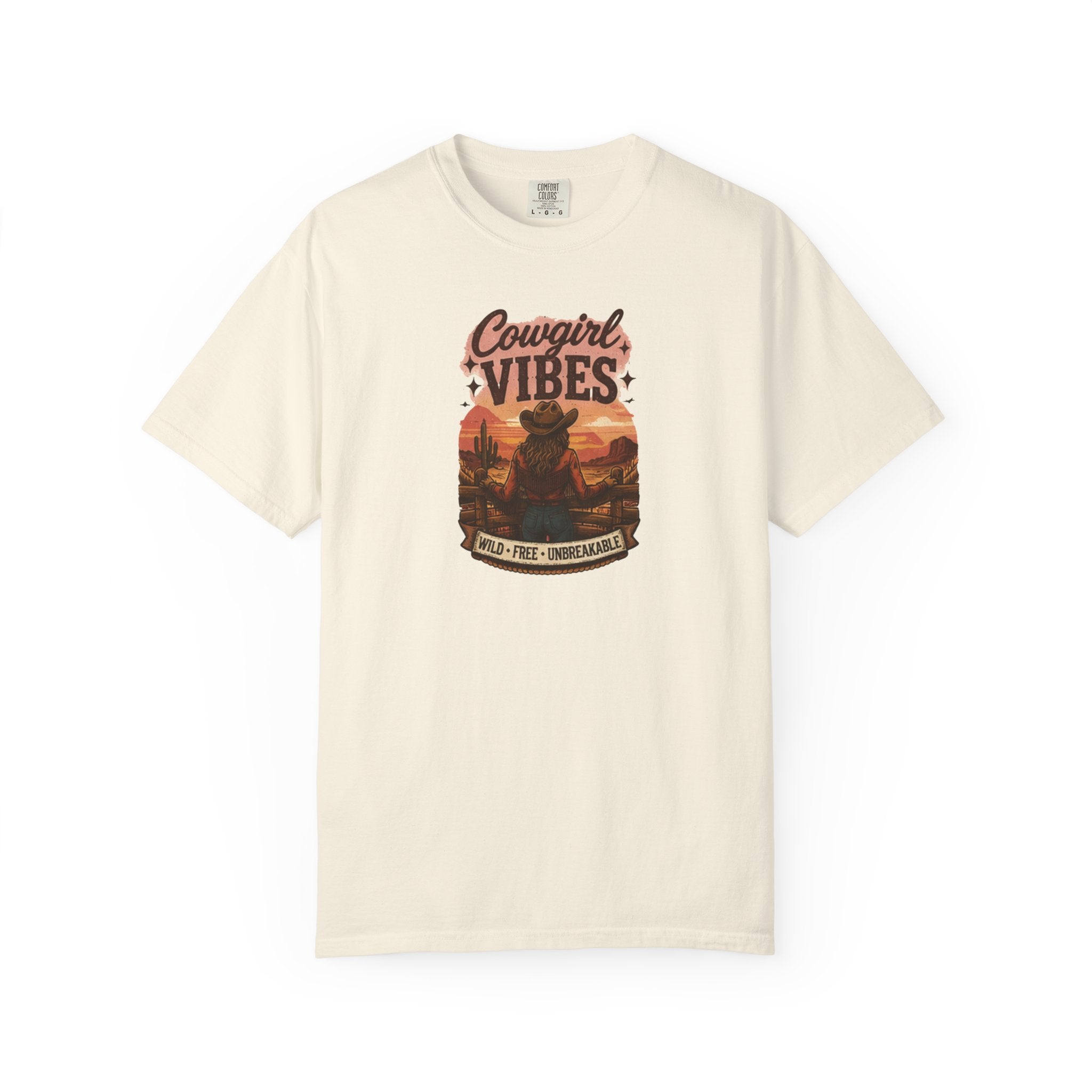 Cowgirl Vibes sunset silhouette T-shirt | Western ranch cowboy graphic