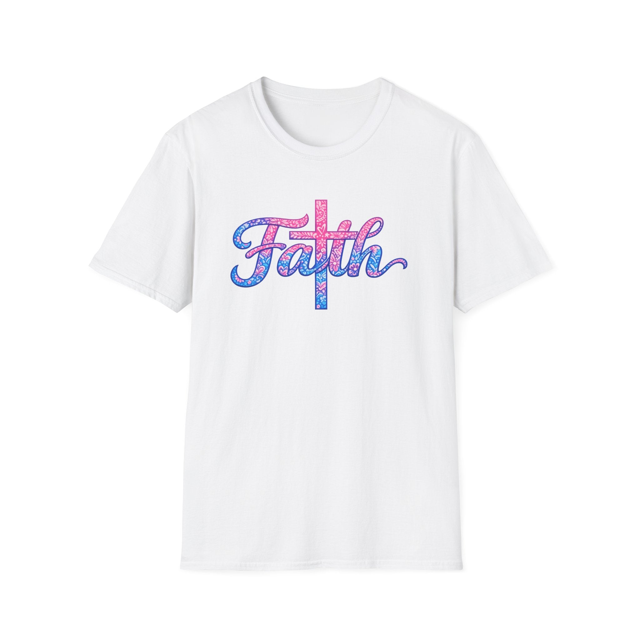 Faith script with cross T-Shirt | watercolor pink blue religious typography
