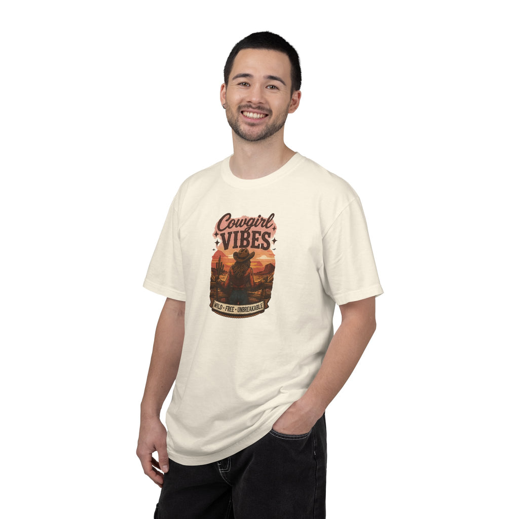 Cowgirl Vibes sunset silhouette T-shirt | Western ranch cowboy graphic