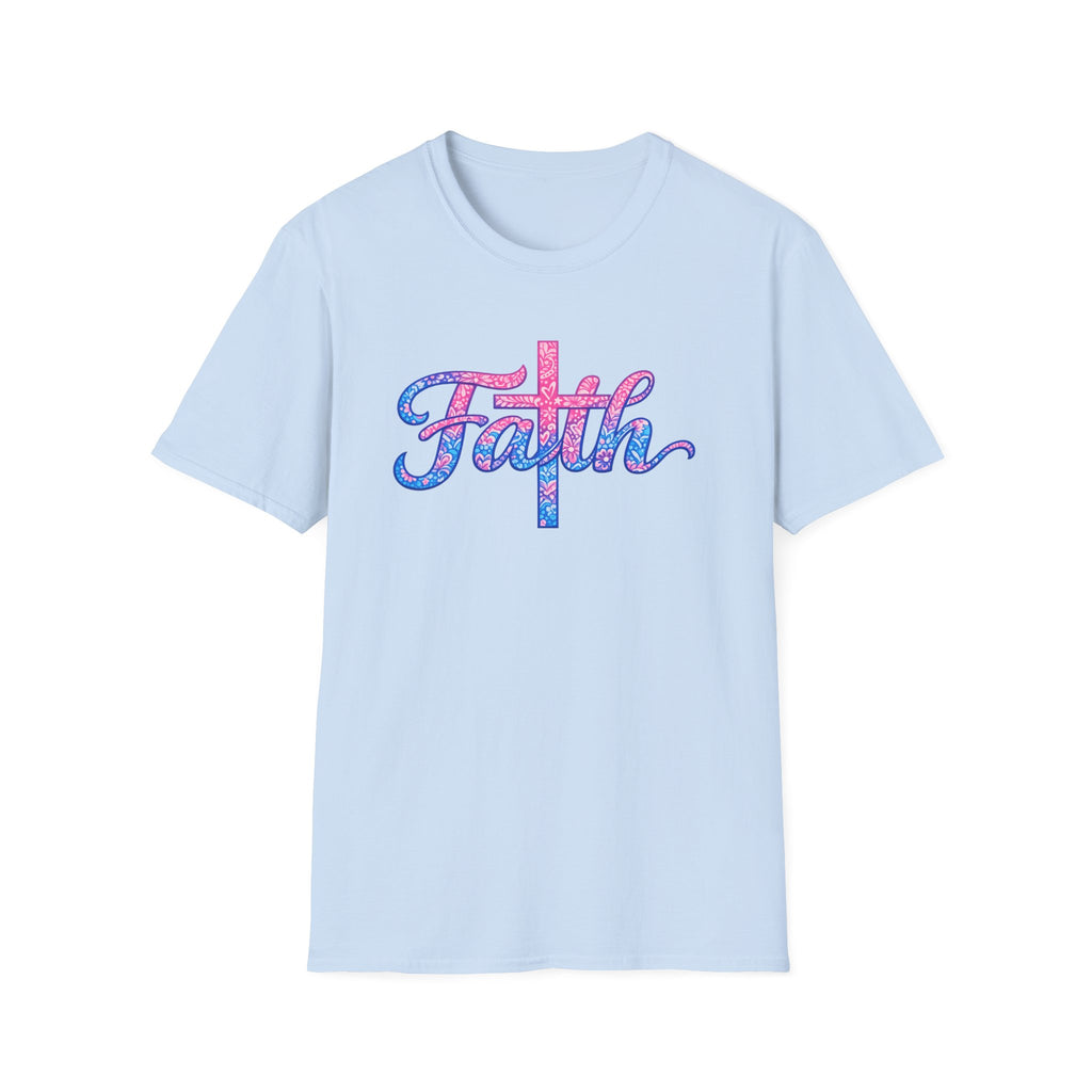 Faith script with cross T-Shirt | watercolor pink blue religious typography