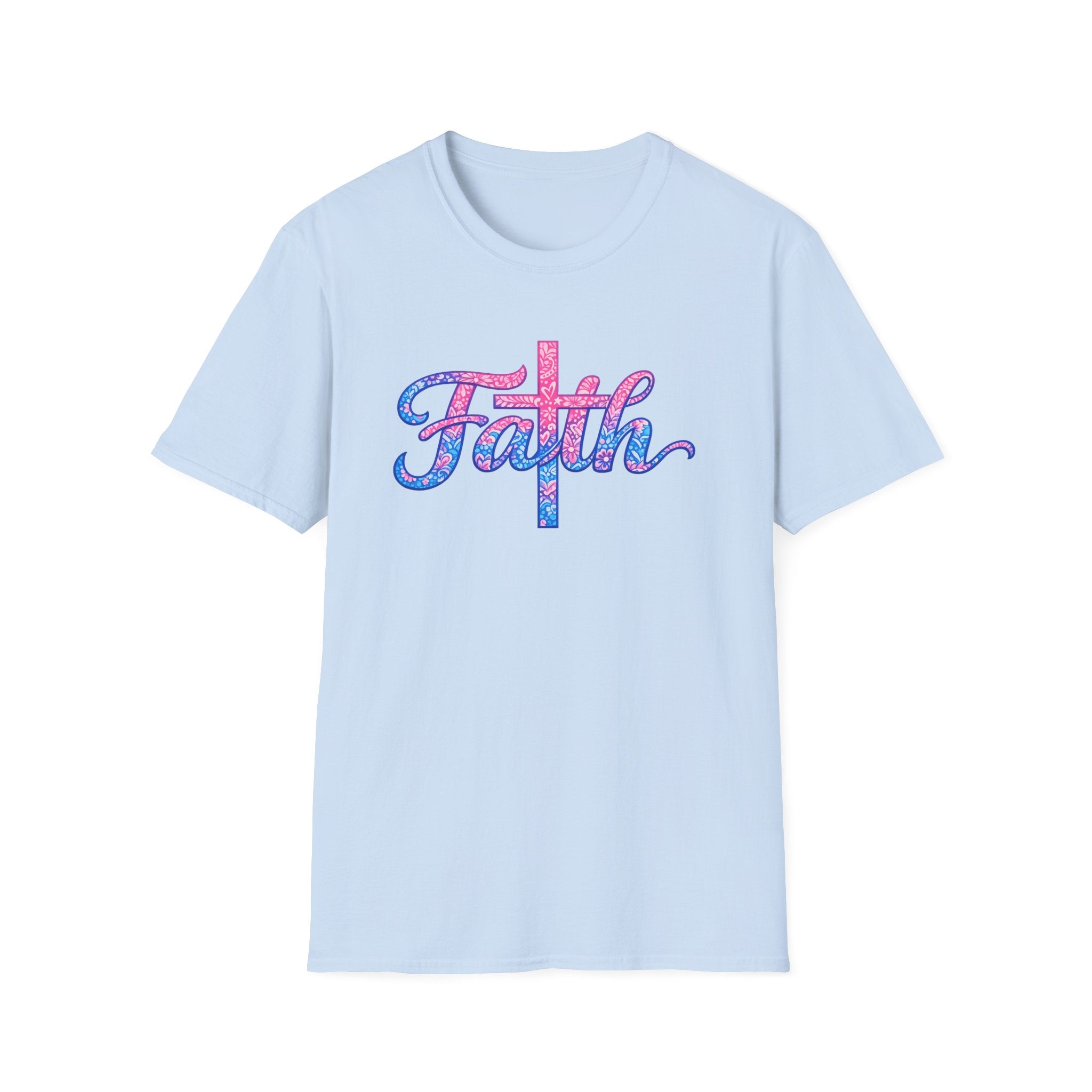 Faith script with cross T-Shirt | watercolor pink blue religious typography