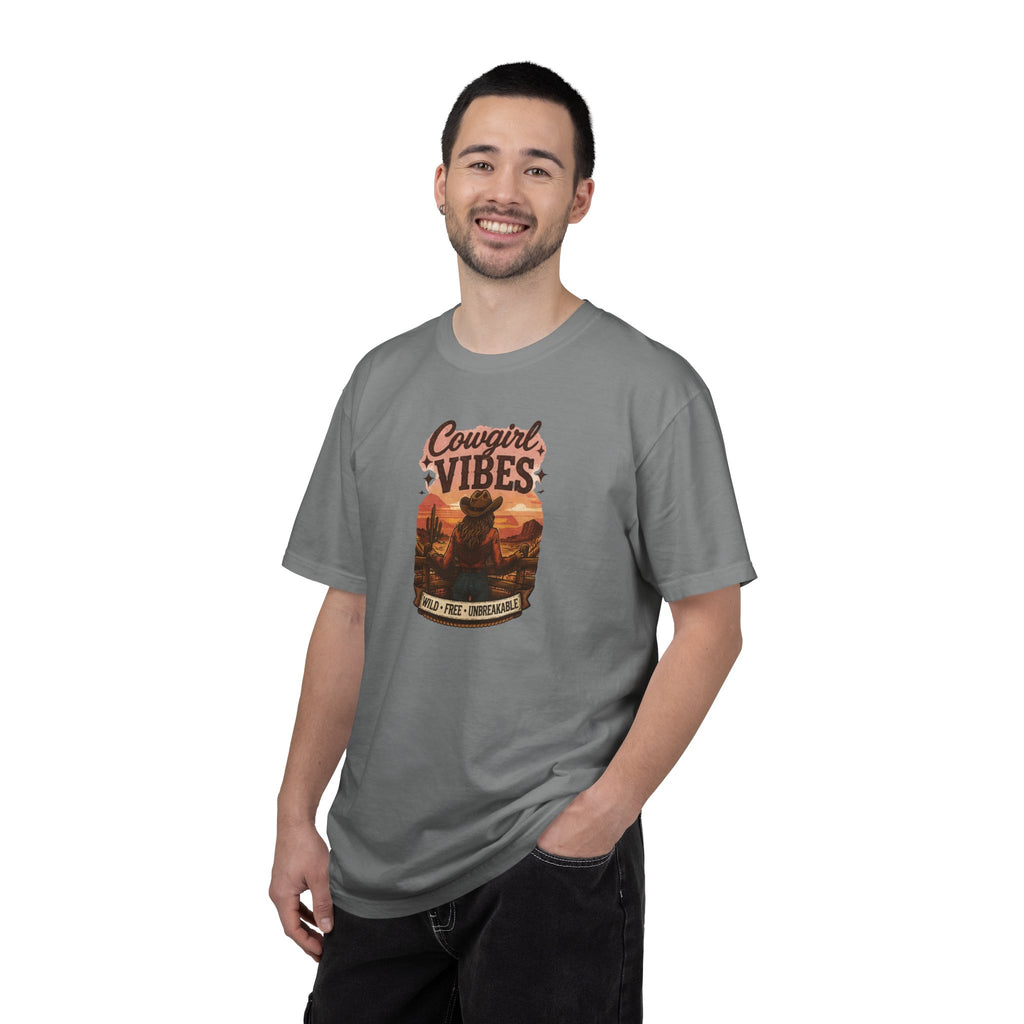 Cowgirl Vibes sunset silhouette T-shirt | Western ranch cowboy graphic