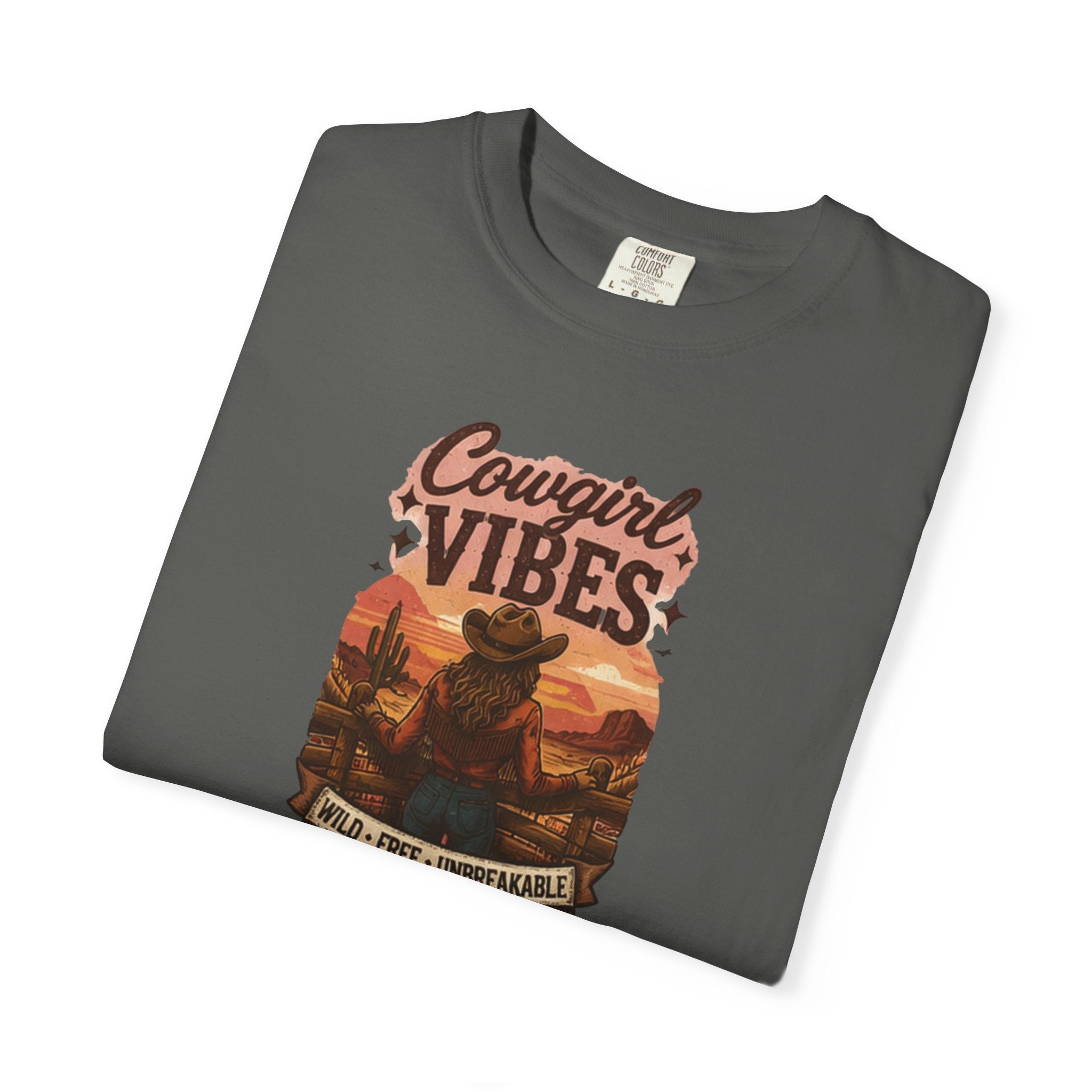 Cowgirl Vibes sunset silhouette T-shirt | Western ranch cowboy graphic