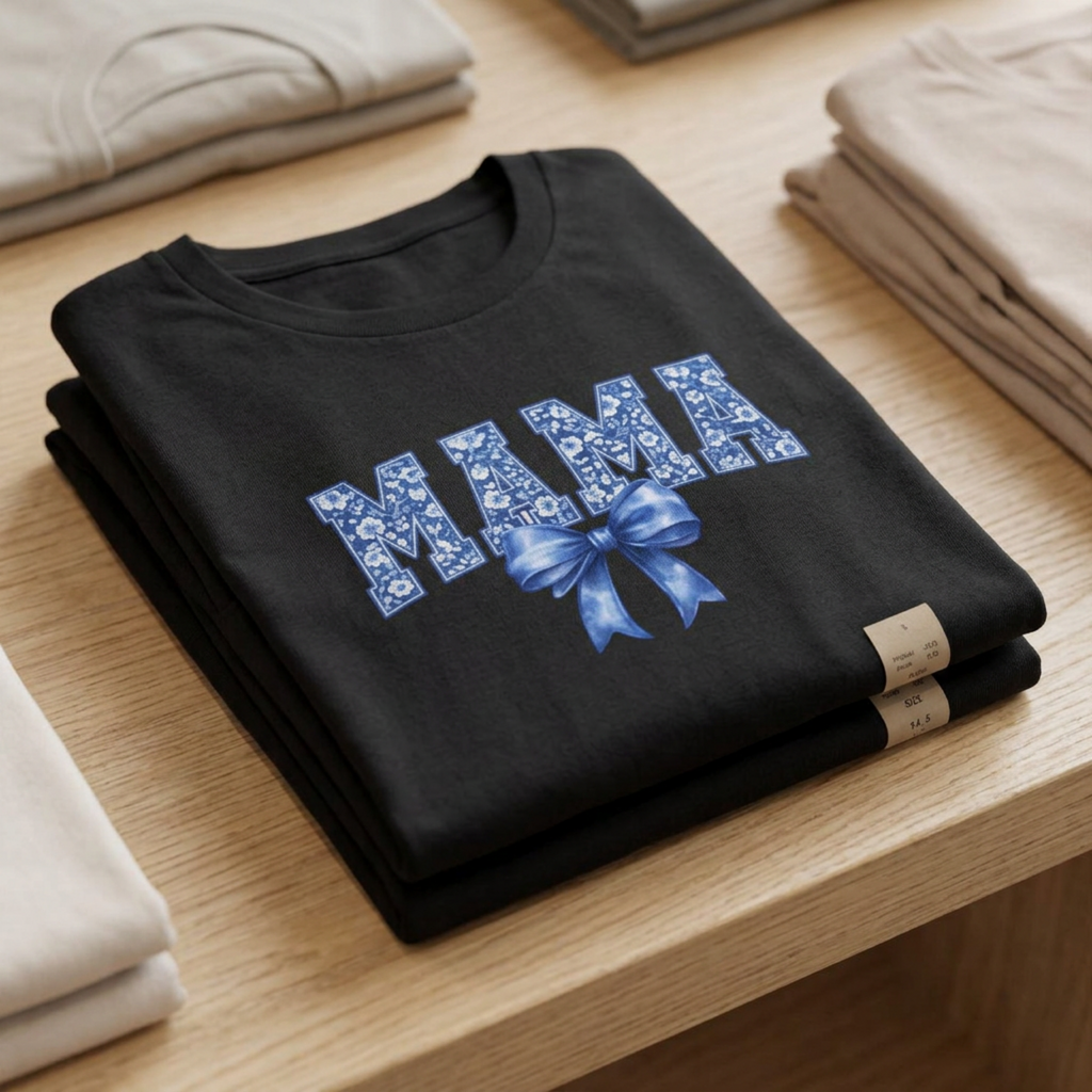 Mama Floral Bow T-Shirt — Blue "MAMA" Graphic Tee for Mother's Day