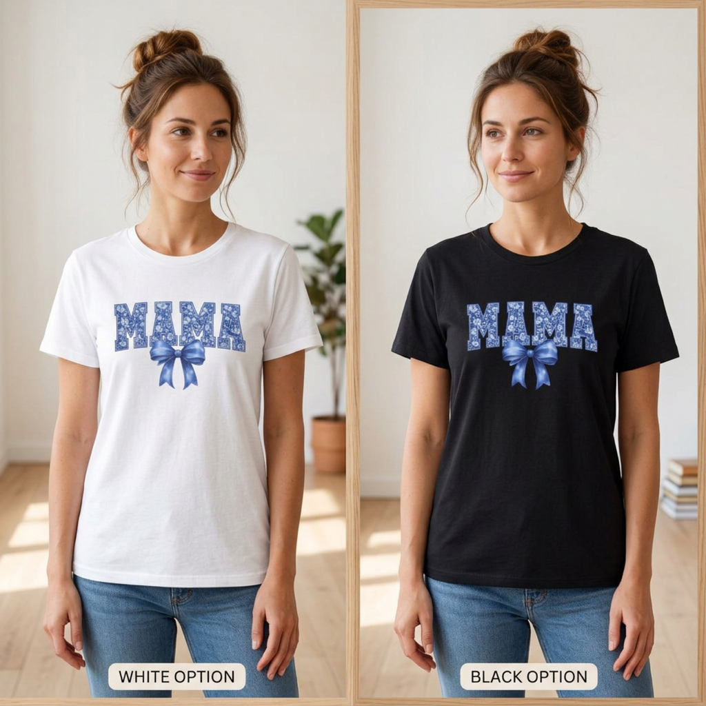 Mama Floral Bow T-Shirt — Blue "MAMA" Graphic Tee for Mother's Day