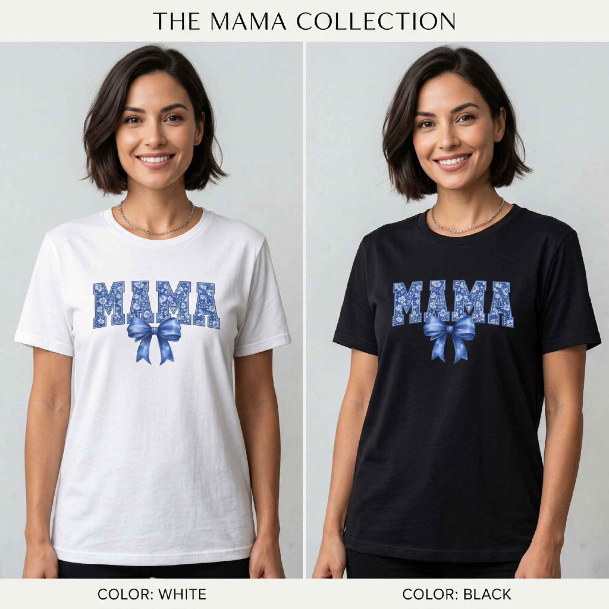 Mama Floral Bow T-Shirt — Blue "MAMA" Graphic Tee for Mother's Day
