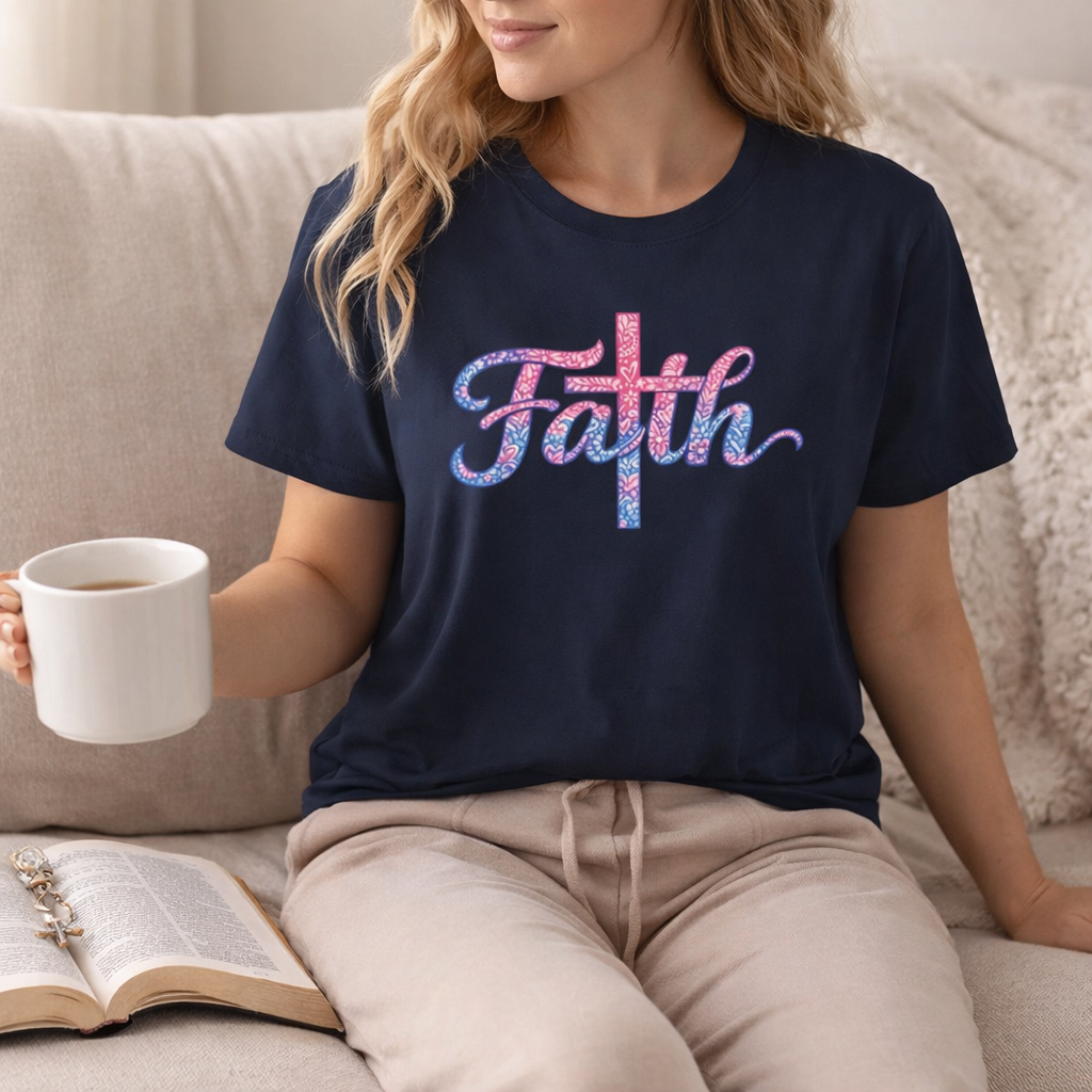 Faith script with cross T-Shirt | watercolor pink blue religious typography