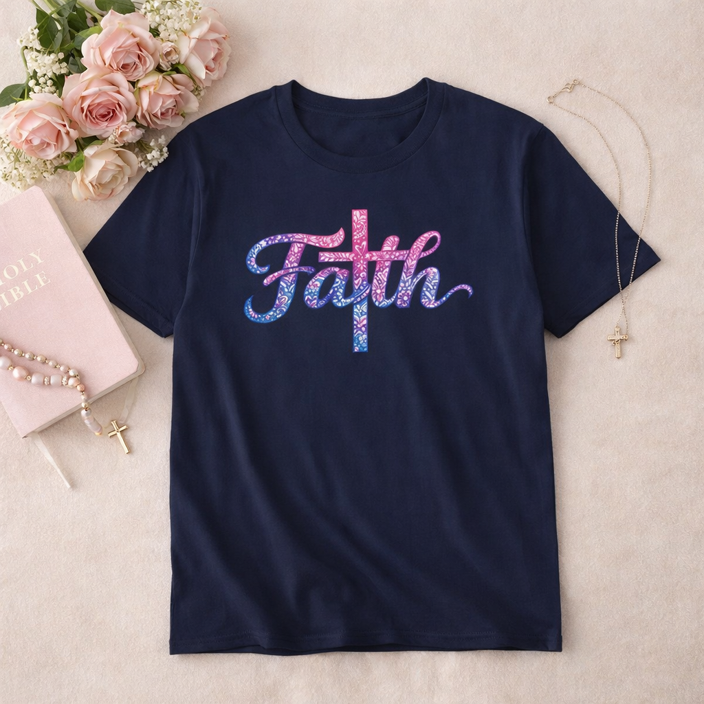 Faith script with cross T-Shirt | watercolor pink blue religious typography
