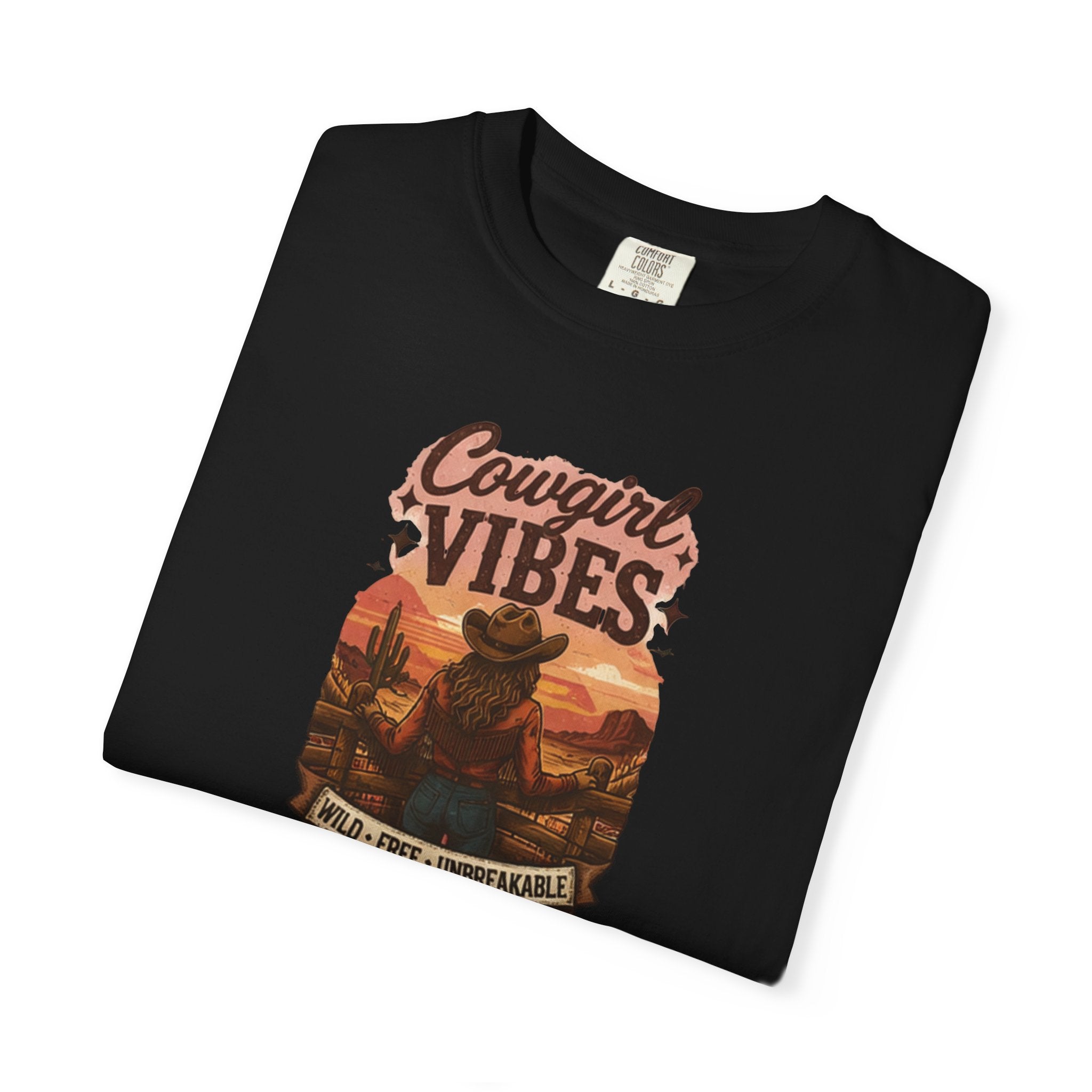 Cowgirl Vibes sunset silhouette T-shirt | Western ranch cowboy graphic