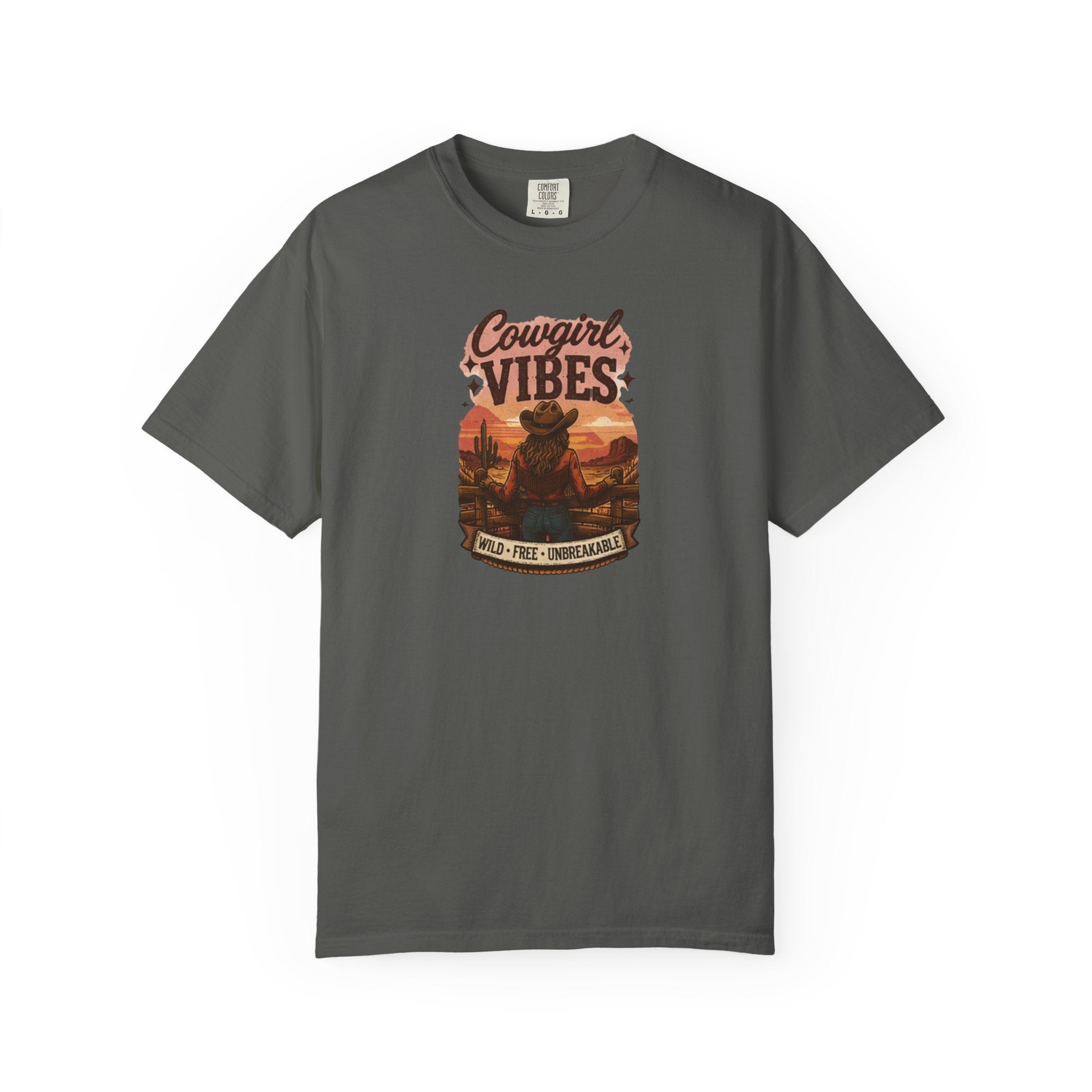 Cowgirl Vibes sunset silhouette T-shirt | Western ranch cowboy graphic