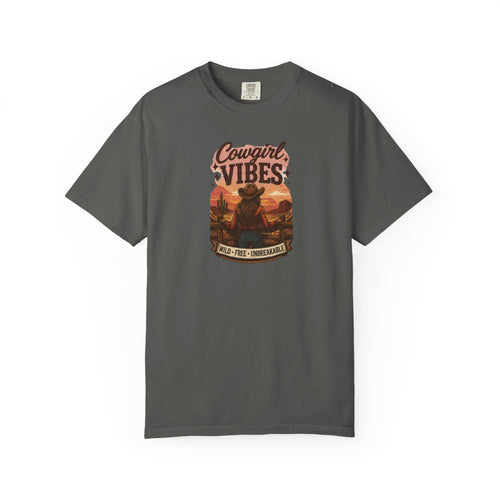 Cowgirl Vibes sunset silhouette T-shirt | Western ranch cowboy graphic