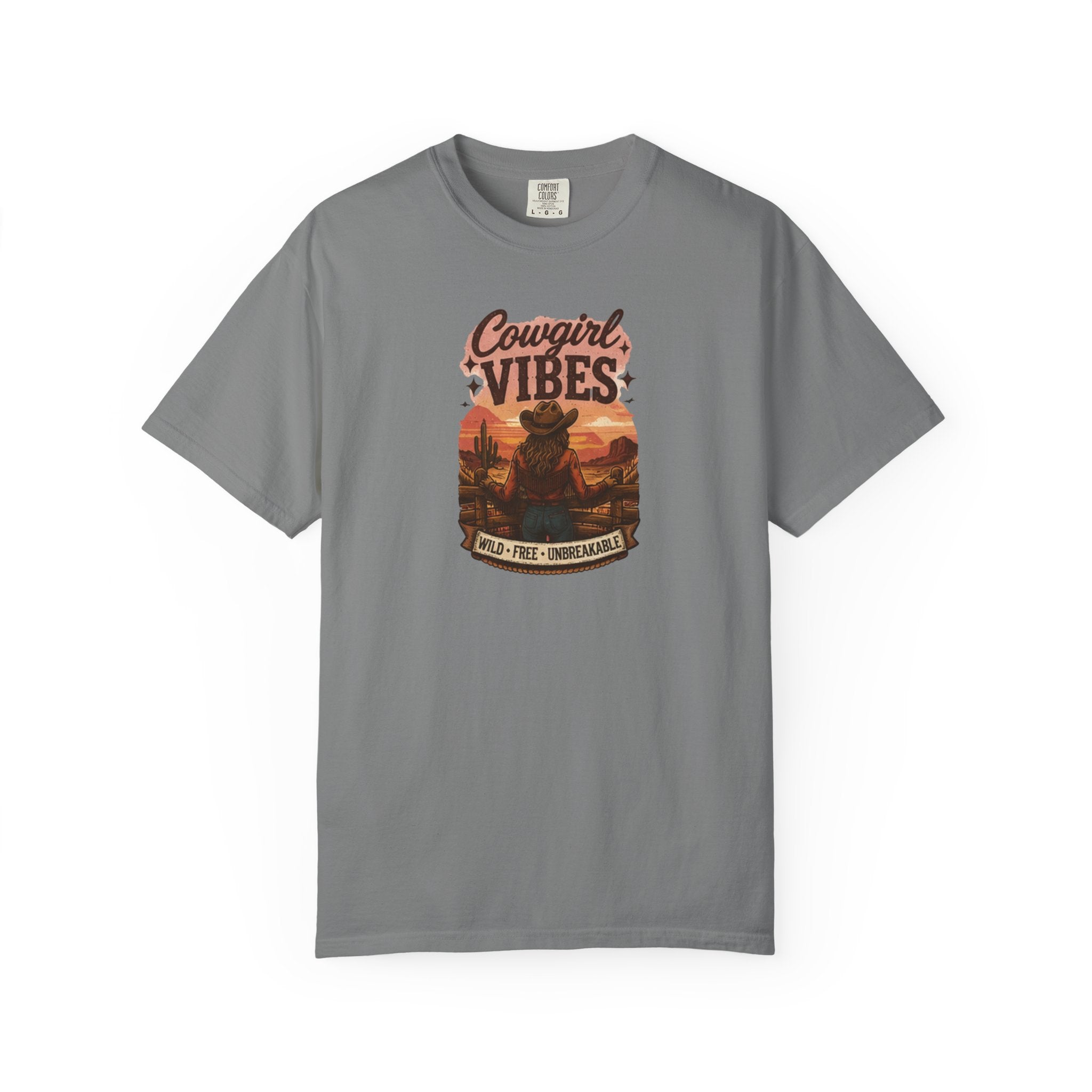 Cowgirl Vibes sunset silhouette T-shirt | Western ranch cowboy graphic