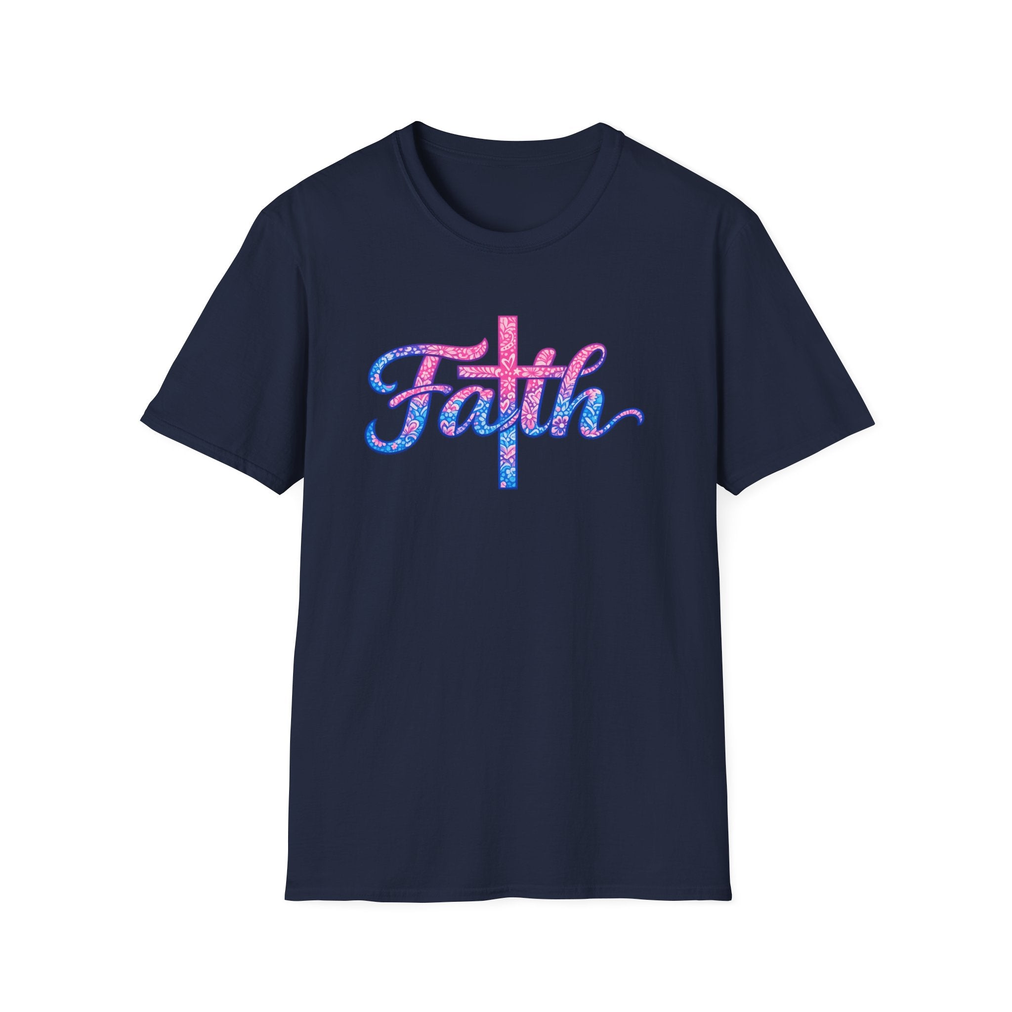 Faith script with cross T-Shirt | watercolor pink blue religious typography