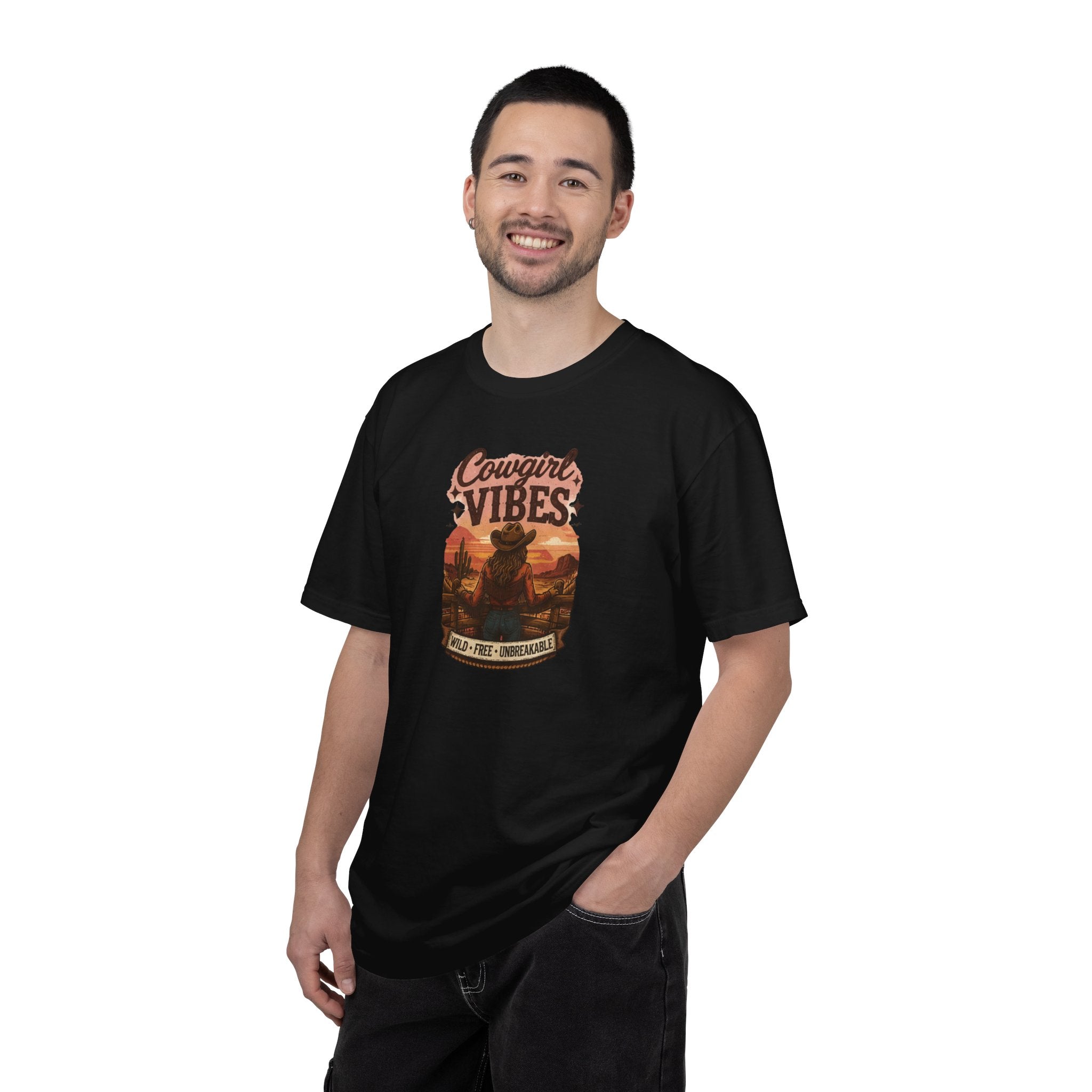 Cowgirl Vibes sunset silhouette T-shirt | Western ranch cowboy graphic